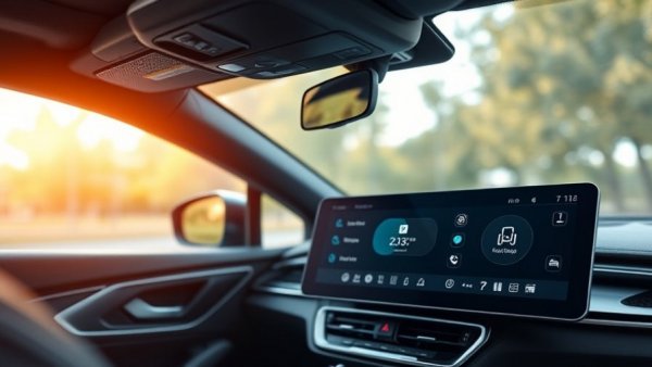 Modern home automation dashboard in car with device controls.