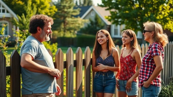Meeting new neighbors at garden fence on sunny day