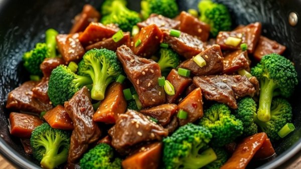 Homemade Beef and Broccoli dish in a wok, garnished with sesame seeds.