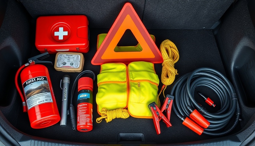 Neatly arranged winter car emergency kit in trunk with essential items.