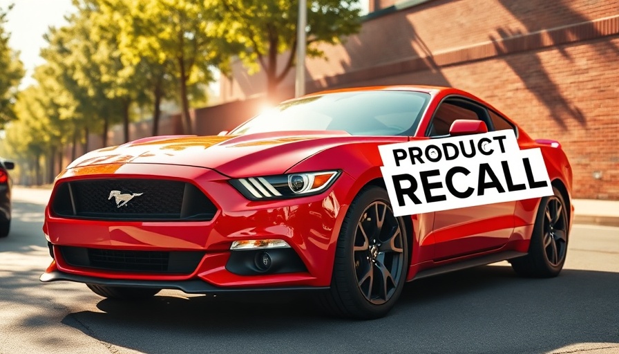 Red Ford Mustang with Product Recall sign outdoors on a sunny day.