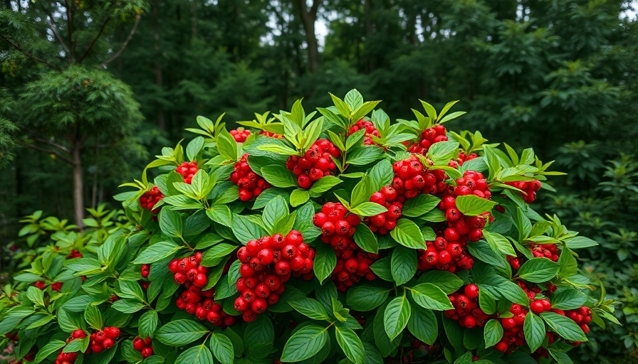 Lush green shrub with red berries in a forest setting, choosing reliable and choice shrubs.