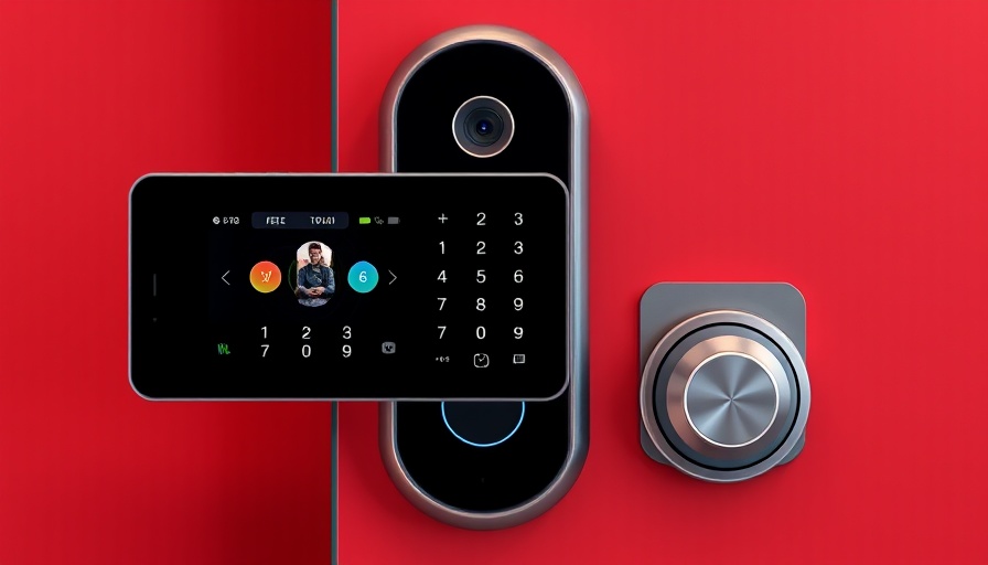 Sleek smart home security video lock with touchscreen and camera.