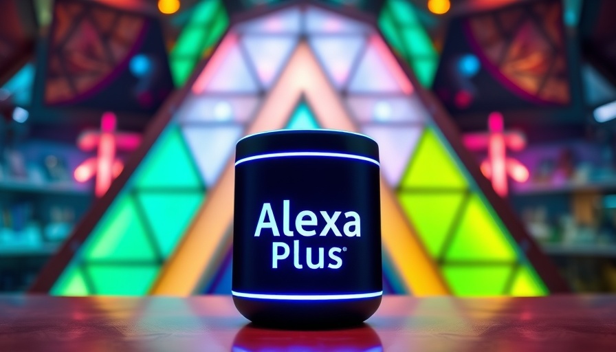 Alexa Plus logo on display with a smart speaker in vibrant setting.