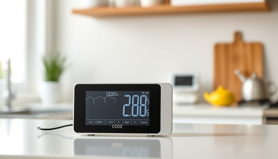 SwitchBot Meter Pro CO2 Monitor displaying readings on a countertop.