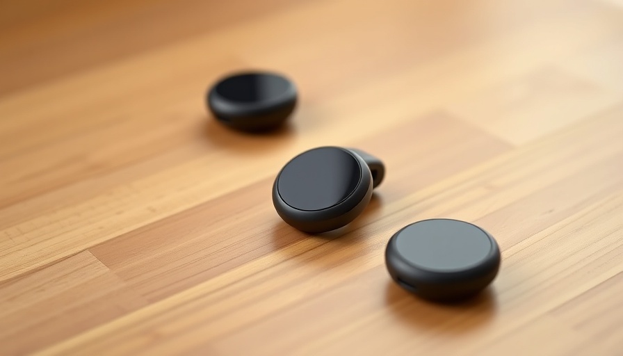 Pebblebee trackers for Android users displayed on wood.