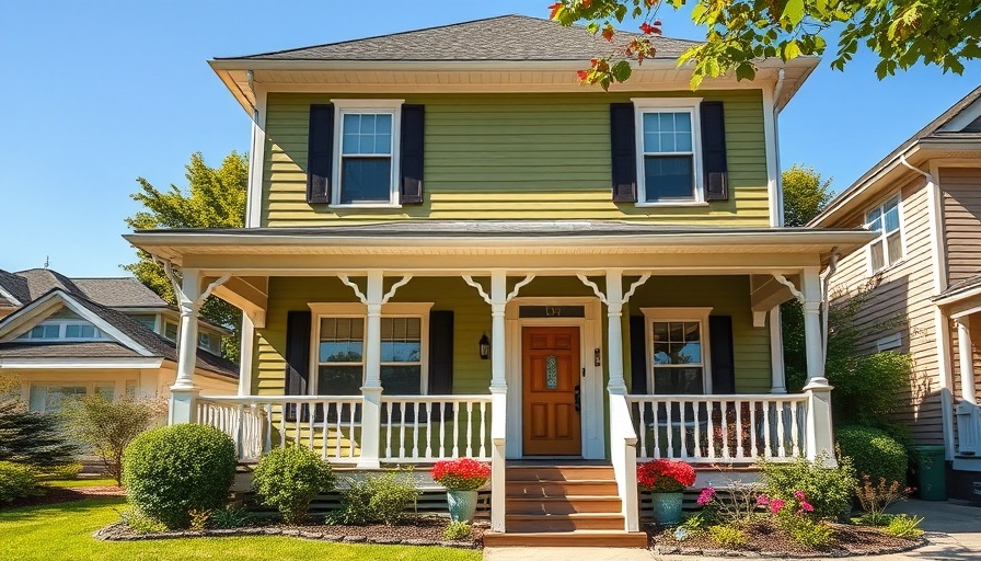 Charming two-story home with porch and green siding, home additions ideas for 2025.