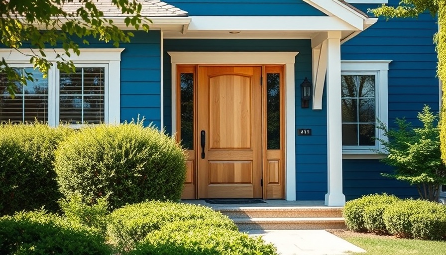 Modern blue house exterior with natural wood features, start your remodeling journey sooner.