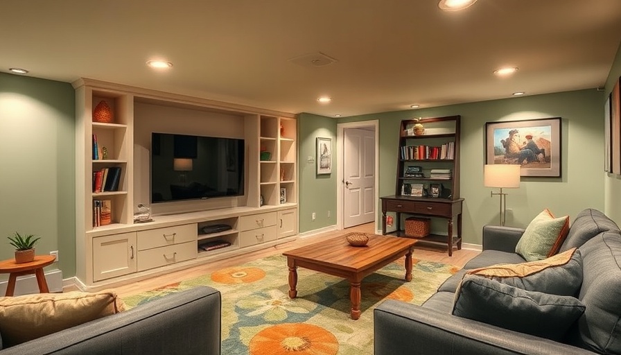 Modern basement remodel with built-in bookshelves and flat screen TV.