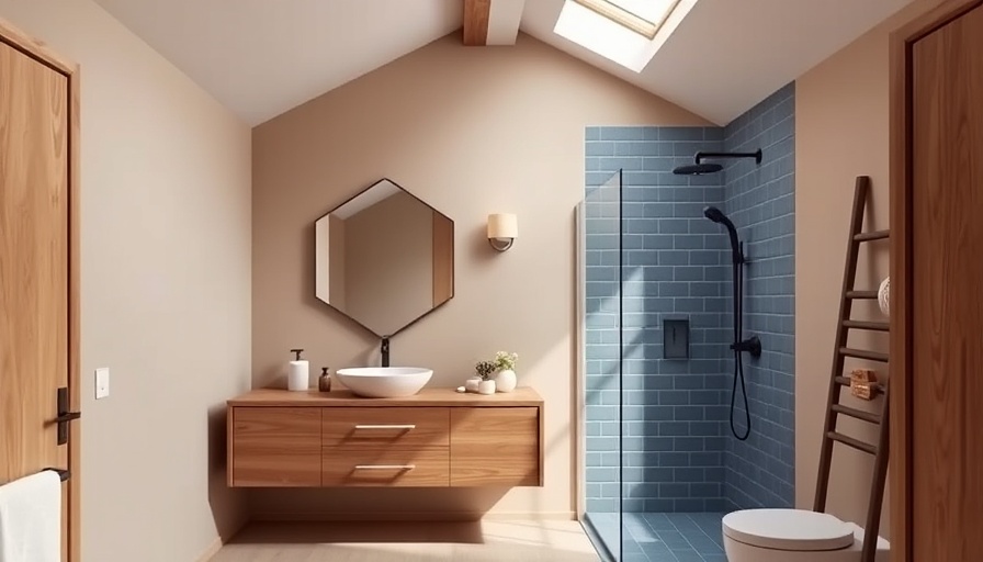 Modern bathroom with dormer ceiling and wooden vanity.