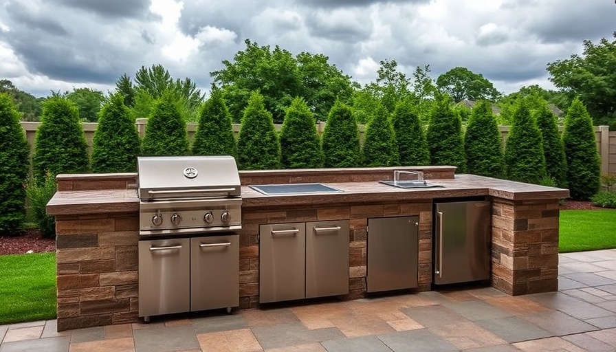 Modern outdoor kitchen with built-in grill and stone countertop.