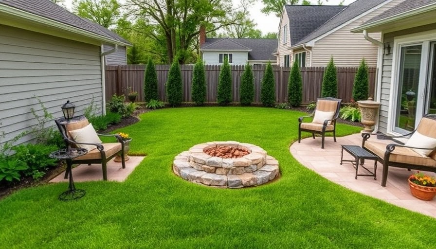 Landscape design featuring a stone fire pit on a patio in Westerville, OH.