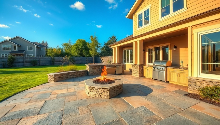 Modern stone patio with fire pit and grill in an outdoor kitchen setup.