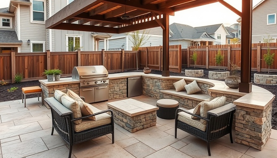 Stylish outdoor kitchens patio with stone seating and grill