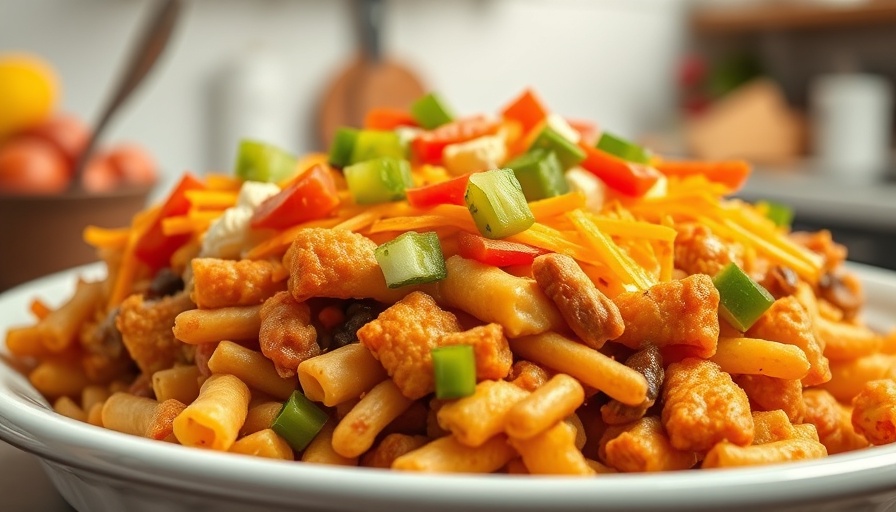 Frito Pie Casserole with cheese, jalapeños, and tomatoes.