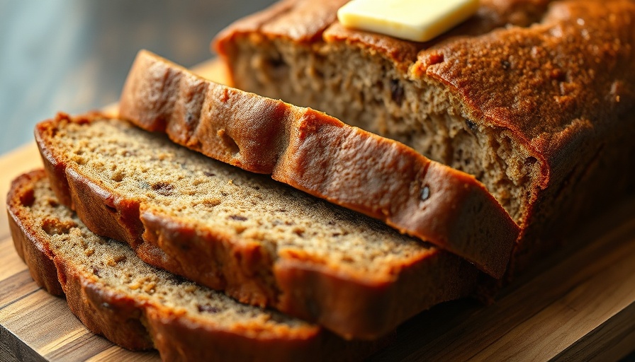 Delicious moist banana bread slices with butter on top.