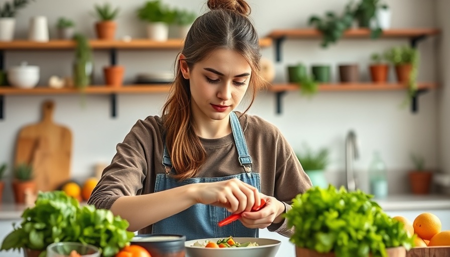 Young woman in kitchen preparing food to boost immune system.