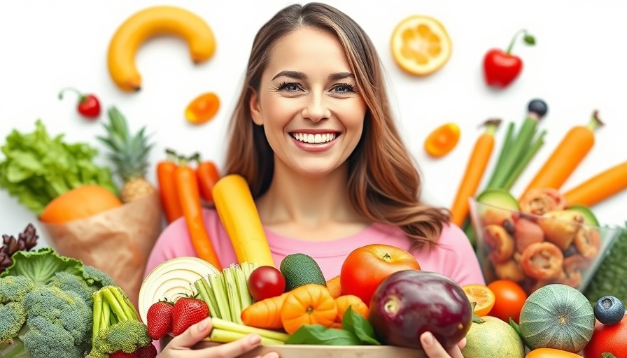 Woman illustrating balanced diet with diverse foods, Myths of Modern Diet and Nutrition.