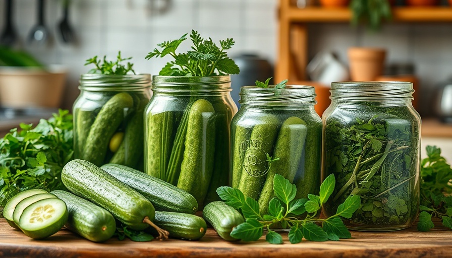 Rustic glass jars with cucumbers and herbs, highlighting healthy probiotic juice ingredients.