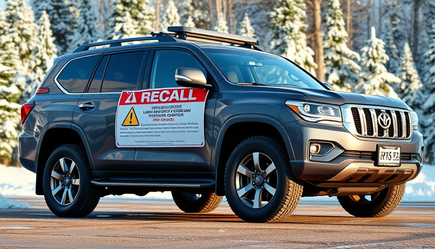 Ford car recall warning sign on SUV in snowy forest.