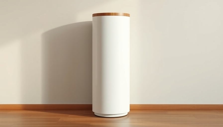 Smart home air purifier with integrated wooden table top, modern design.