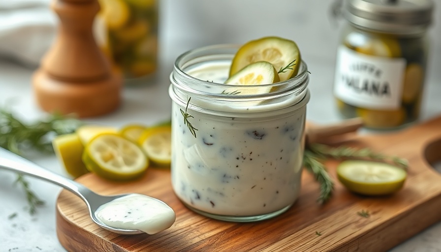 Creamy dill pickle ranch dressing in a glass jar with pickle slices.