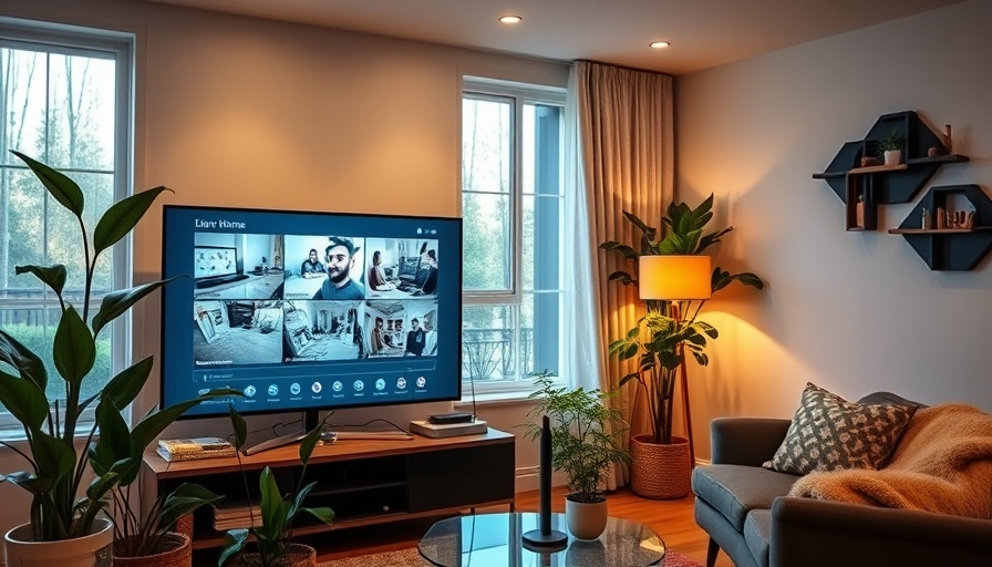 Smart home interface displaying cameras and controls in a modern living room.