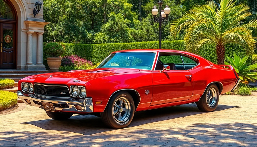 Classic red car parked on a driveway with lush greenery, representing buying a classic car.