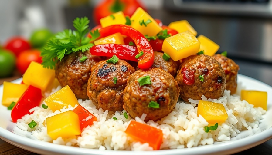 Delicious Hawaiian meatballs on rice with bell peppers and pineapple.