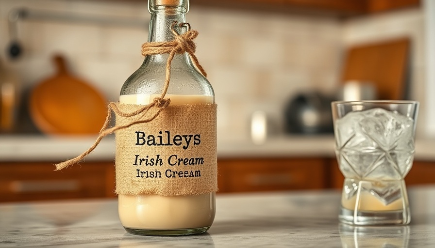 Rustic bottle with homemade Baileys Irish Cream in a cozy kitchen setting.