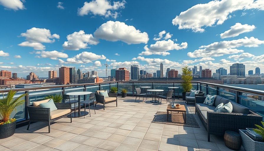 Porcelain pavers on rooftop deck with city view.