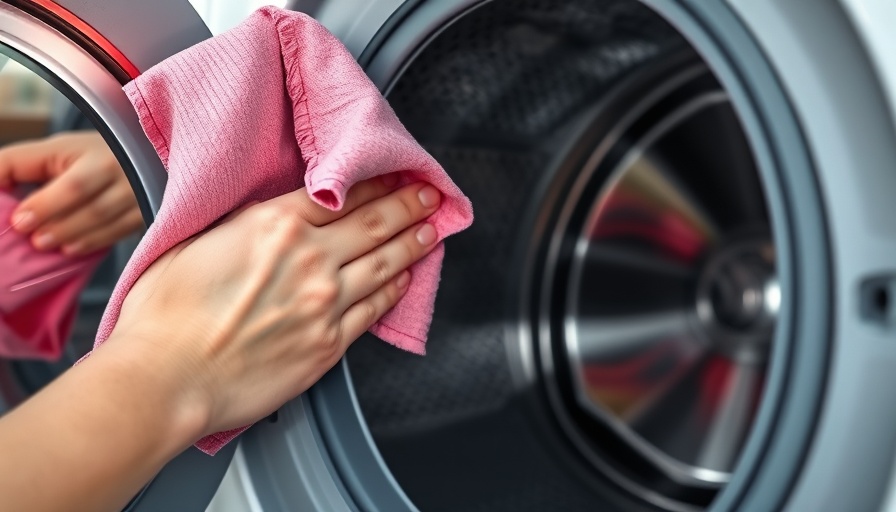 Close-up of cleaning a washing machine door, pink cloth in hand.