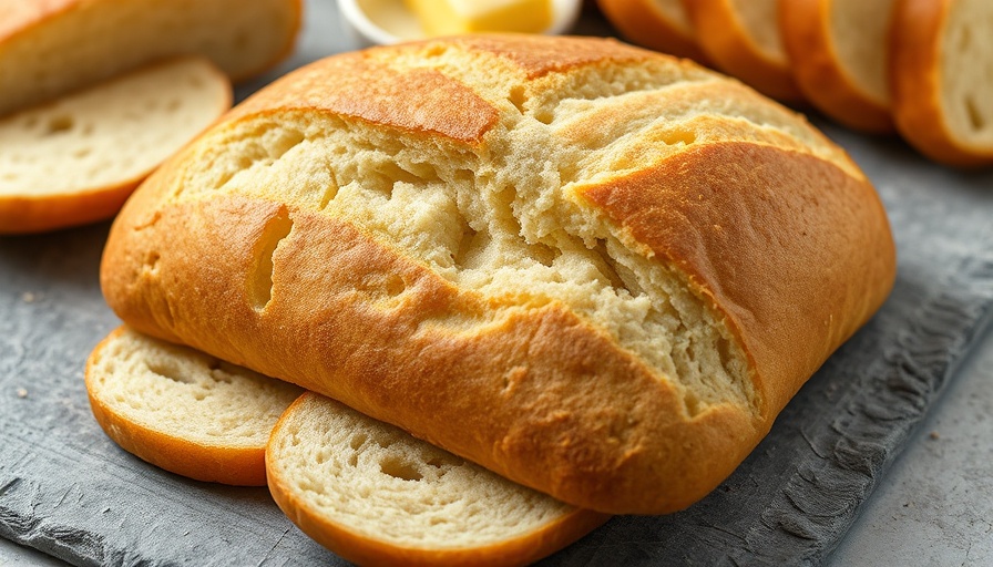 Close-up of homemade potato bread slices with butter, showcasing texture.