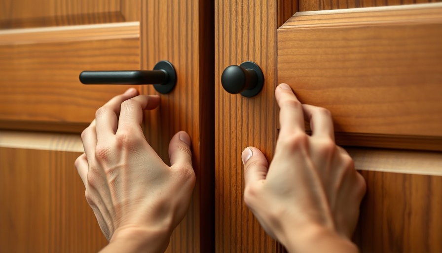 Hands installing cabinet handles on wooden doors, DIY cabinet hardware installation.