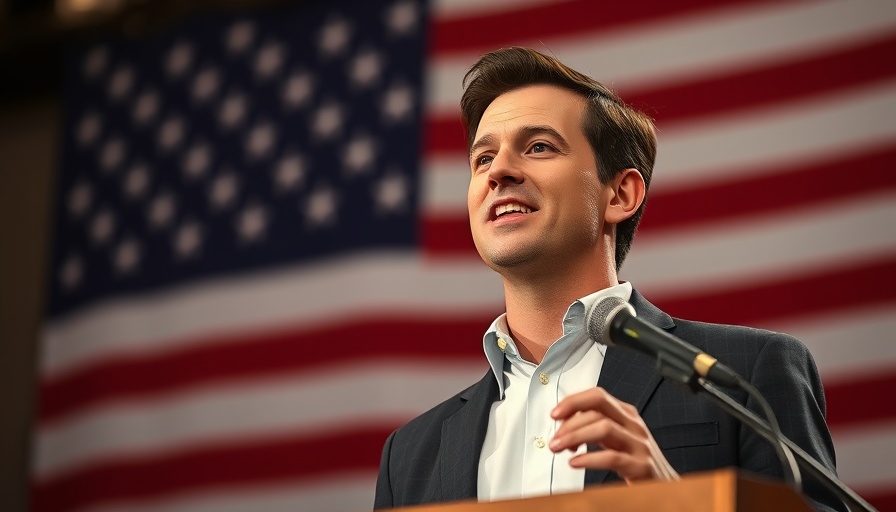 Confident speaker at Michigan governor race, American flag backdrop.