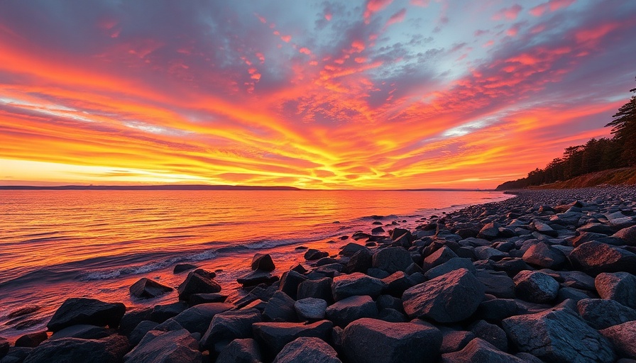 Sunset over Great Lakes formation with rocky shoreline and calm waters.