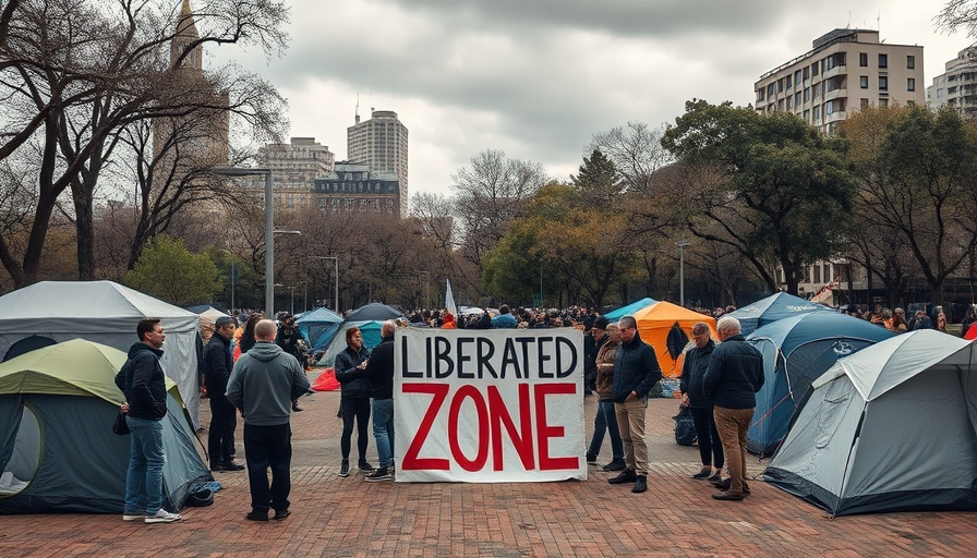 Michigan News: Tents and 'Liberated Zone' sign in a protest scene.