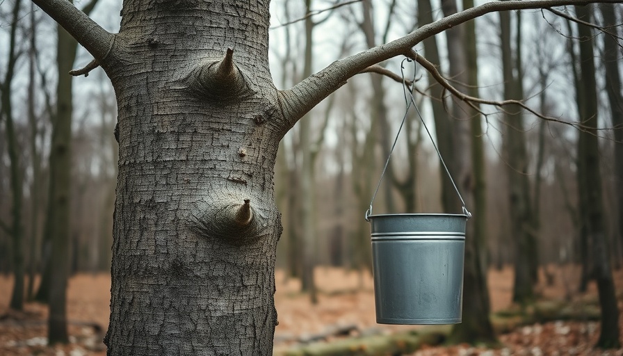 Metal sap bucket on maple tree, showcasing Michigan maple syrup season activities.