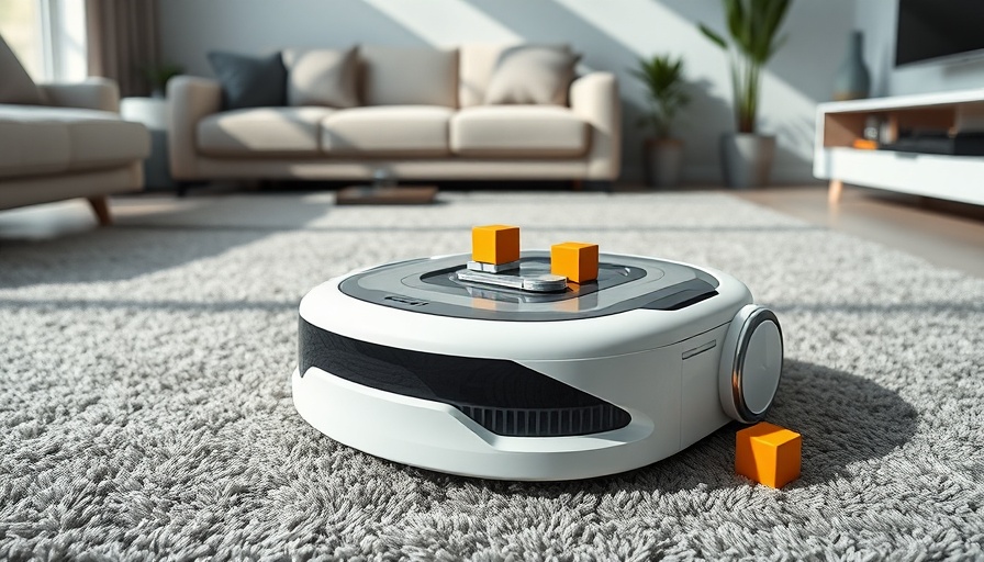 Futuristic iRobot Roomba navigating around toys on a grey carpet.