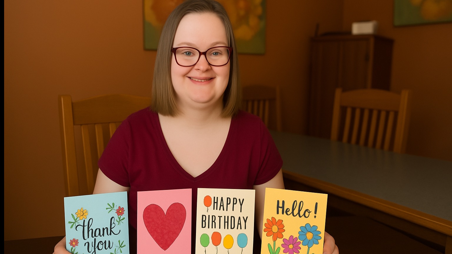 Young woman with Down syndrome spreads joy with handmade cards.