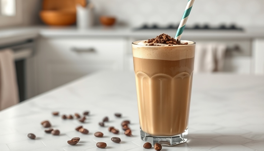 Healthy coffee smoothie in glass with chocolate toppings.