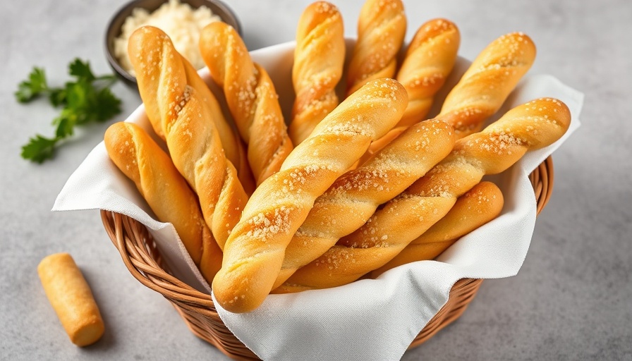 Freshly baked breadsticks in basket, Parmesan garnish, recipe style.