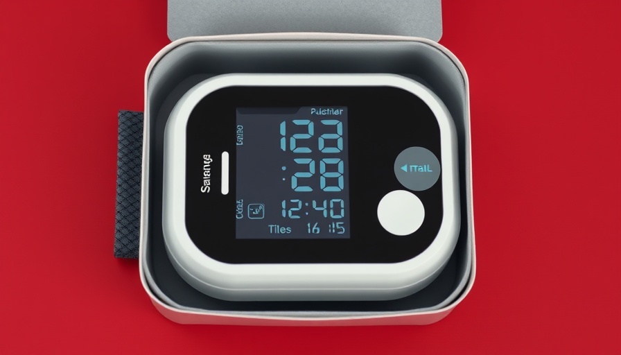 Smart blood pressure monitor with digital display in open packaging.