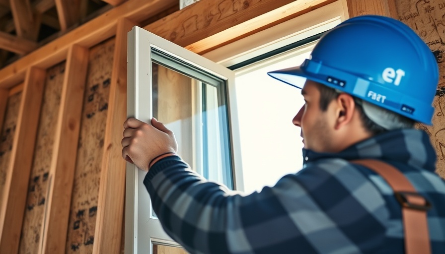 Worker installing window in a pole barn during daylight, focused task.