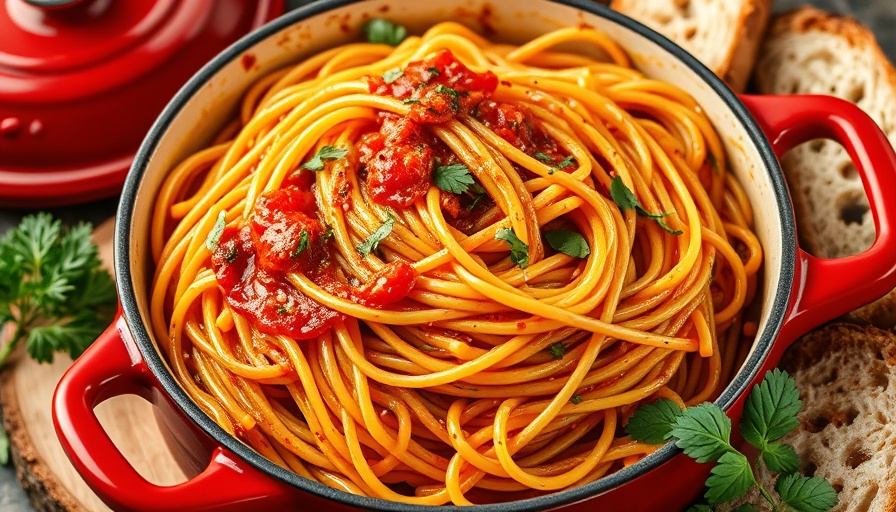 One-Pot Spaghetti Recipe dish in a red pot with bread and herbs