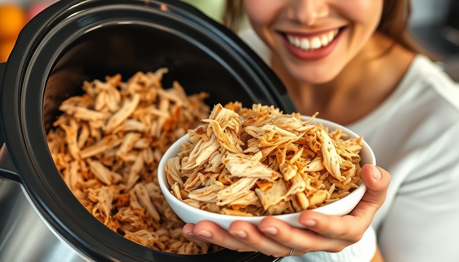 Close-up of slow-cooker shredded chicken with smiling woman holding a bowl.