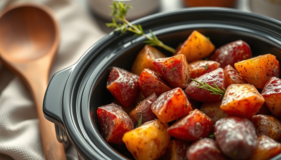 Crock pot potato side dish with seasoned red potatoes and herbs.