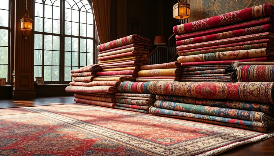 Luxurious display of colorful handmade rugs in warm light.