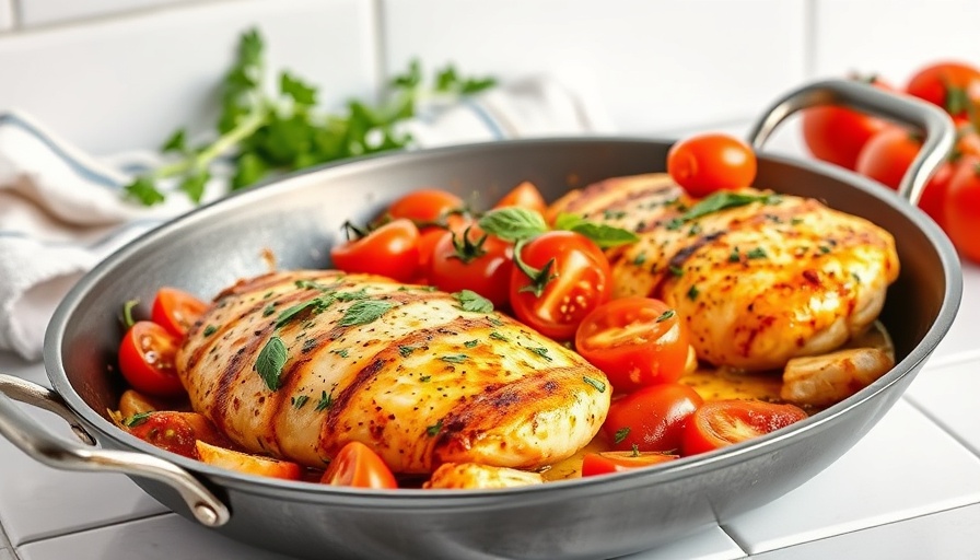 One-Pan Bruschetta Chicken garnished with tomatoes and herbs in a pan.