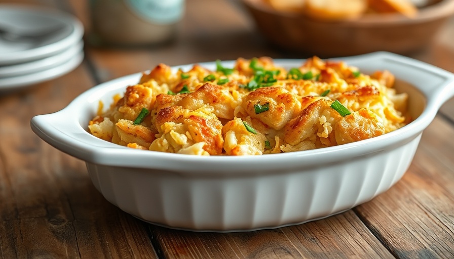 Golden chicken hash brown casserole in a dish.